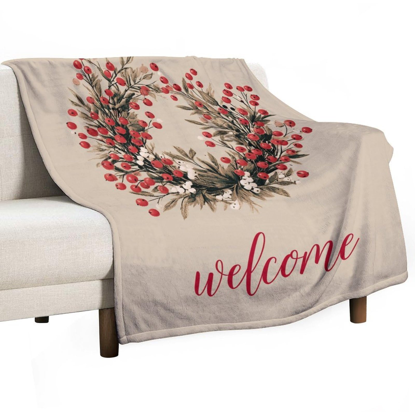 Jubonexis Leafy Wreath with Red Berries Word Welcome Anti Pilling Throw Blankets Cozy Durable Blanket for Bedroom Living Rooms Couch Sofa Bed 130x150cm(50x60in)