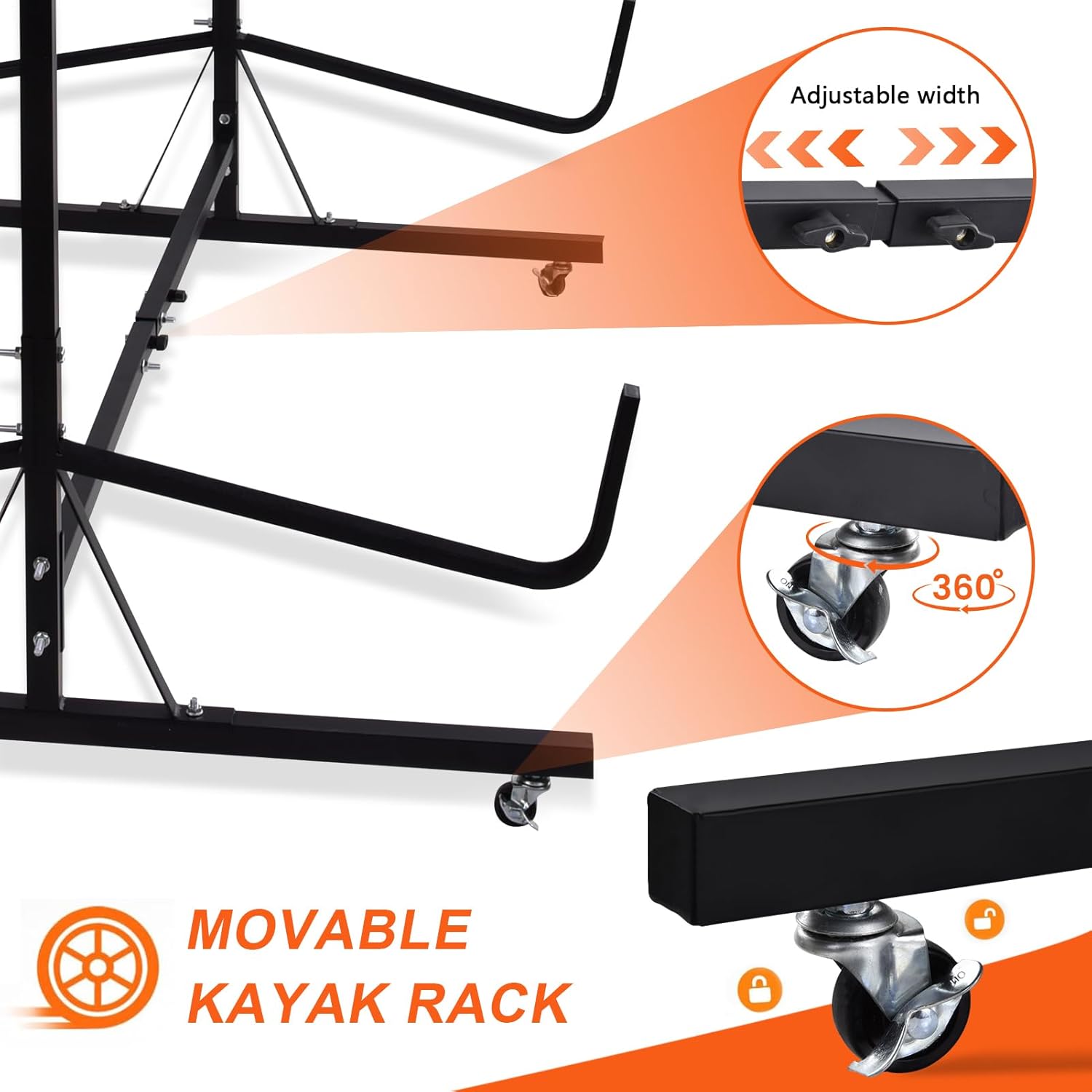 Kayak Racks | Freestanding Kayak Holder with Lockable Wheels | Indoor, Outdoor Width Adjustable Rack, Storage Hooks for Canoe, Boat, Surfboard