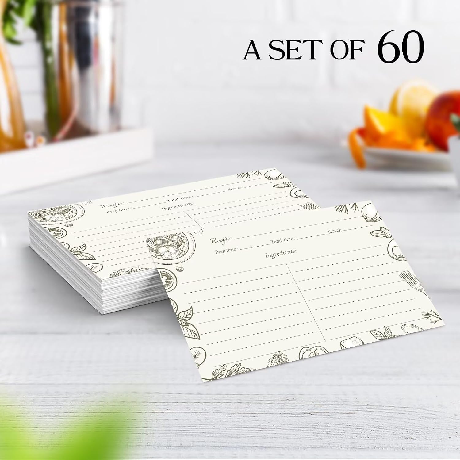 4x6 Blank Recipe Cards (60-Pack) - Line Art Design for Cooking, Bridal Showers, Weddings, Double-Sided Recipe Cards for Bridal Shower (BeigeCook)