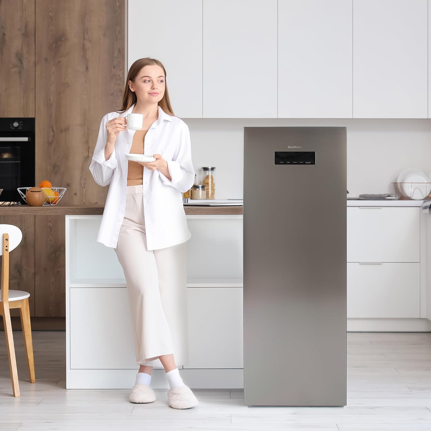 Slim Kimchi Refrigerator for Kimchi Storage, Fermentation, Freezer, Fridge, & Alcohol - Brushed Silver - Sleek Compact Refrigerator, Precise Temp Control, 7 Containers, Deodorizing Filter, 4.3 cu. ft.