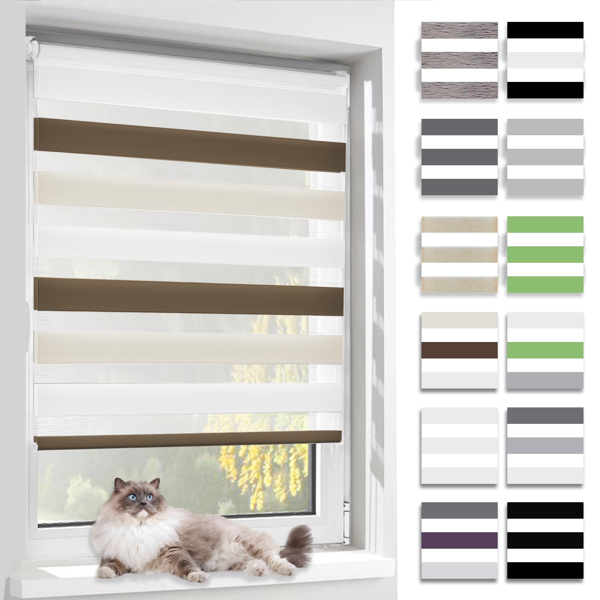 BelleMax Doppelrollo Klemmfix ohne Bohren & mit Bohren, Weiß Creme Braun B85 x H150 cm (Stoffbreite 85cm), Fensterrollo lichtdurchlässig & Blickdicht, Klemmrollo Sichtschutz & Sonnenschutz