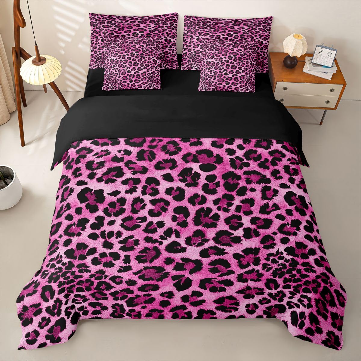 Loussiesd Set completo di biancheria da letto con copripiumino rosa leopardato per letto singolo, 7 pezzi, con stampa animalier, copripiumino, lenzuola, federe, federe