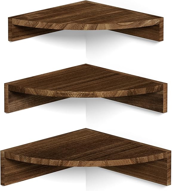Alsonerbay Corner Shelf Wall Mount, Set of 3 Floating Shelves for Storage and Display, Rustic Wood Shelves for Bedroom, Kitchen, Living Room, Nursery and Office (Dark Brown)