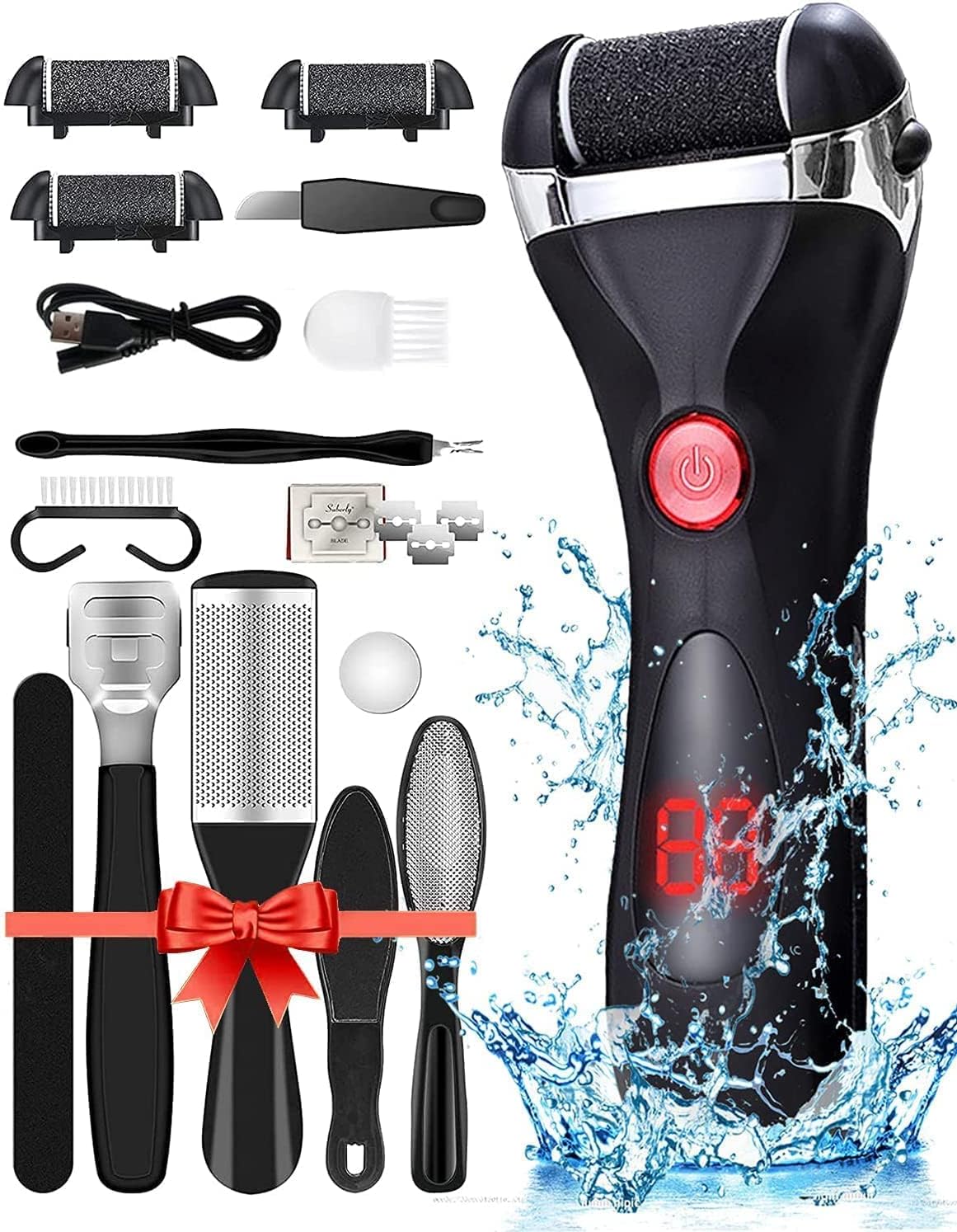 Azonee Foot File Electric for Hard Skin, USB Rechargeable Waterproof Foot Scrub Callus Remover [with 3 Pumice Stone Rollers & 10 in 1 Foot Scraper Set] Foot Care Tool for Dry Dead Cracked Heel