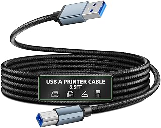 Printer Cable, 6.5FT USB Printer Cord 2.0 Type A Male to USB-B Male Nylon Braided Scanner Print Fax Machine to Computer Office Cord High Speed Wired for HP Canon Dell, Epson, Lexmark, Xerox Black