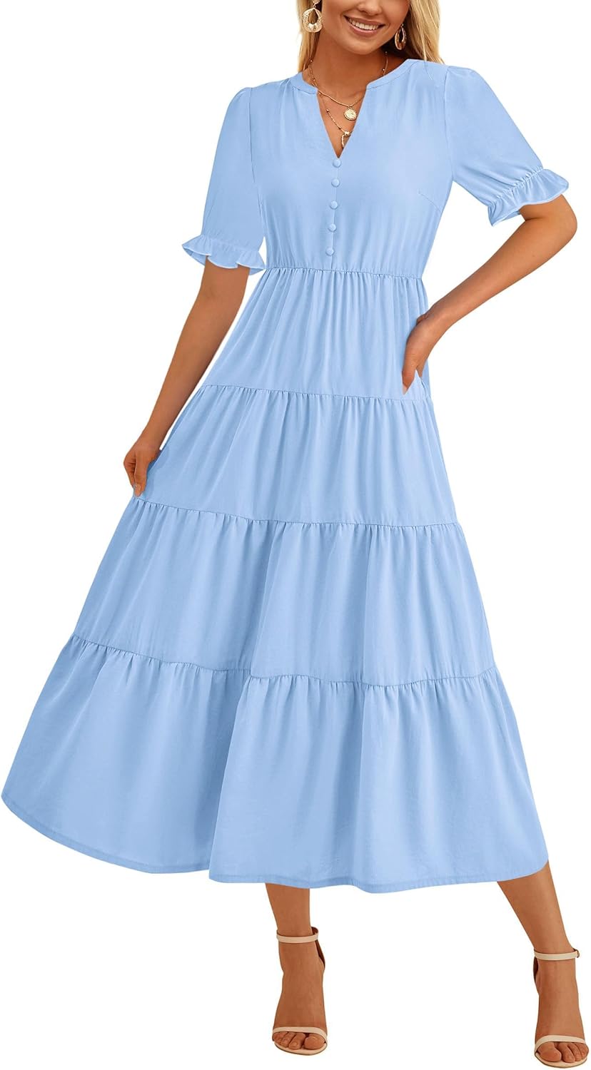 PRETTYGARDEN Women's Summer Casual Short Sleeve V Neck Midi Dresses 2025 Spring A-line Tiered Wedding Guest Dress