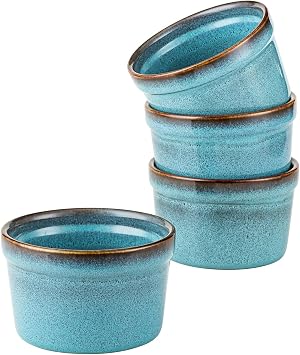 Ramekins 8 oz Oven Safe for Creme Brulee, Souffle Dishes - Ceramic Baking Bowls Set of 4 for Pudding Cups, Custard, Ice Cream, Dips and Appetizers - Aqua