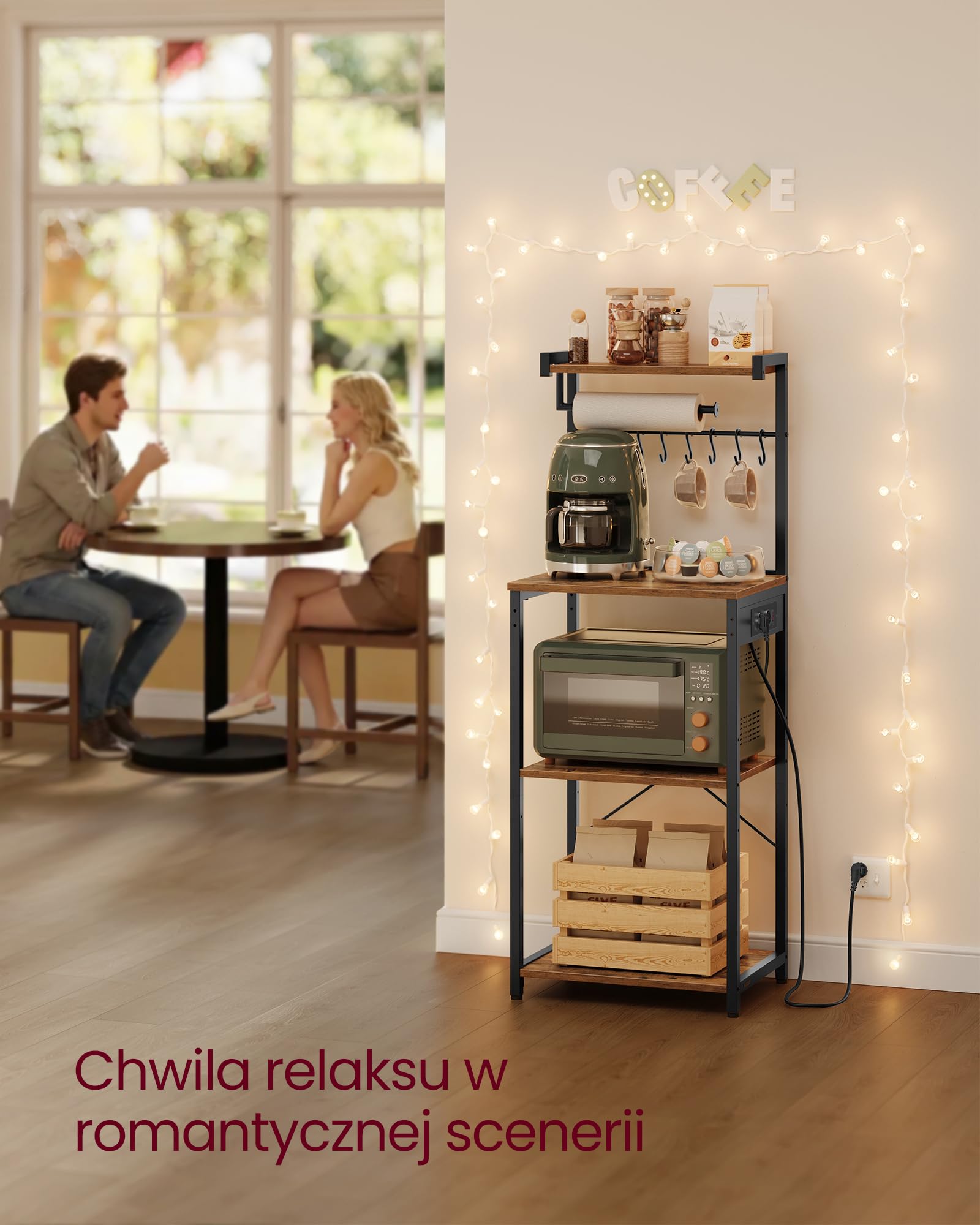 VASAGLE Półka kuchenna z wieloma gniazdami, 4-poziomowy bar kawowy z regulowaną półką, 8 haczyków S, uchwyt do mikrofalówki, 40 x 45 x 140 cm, rustykalny brązowy i czarny atrament KKS013KD02