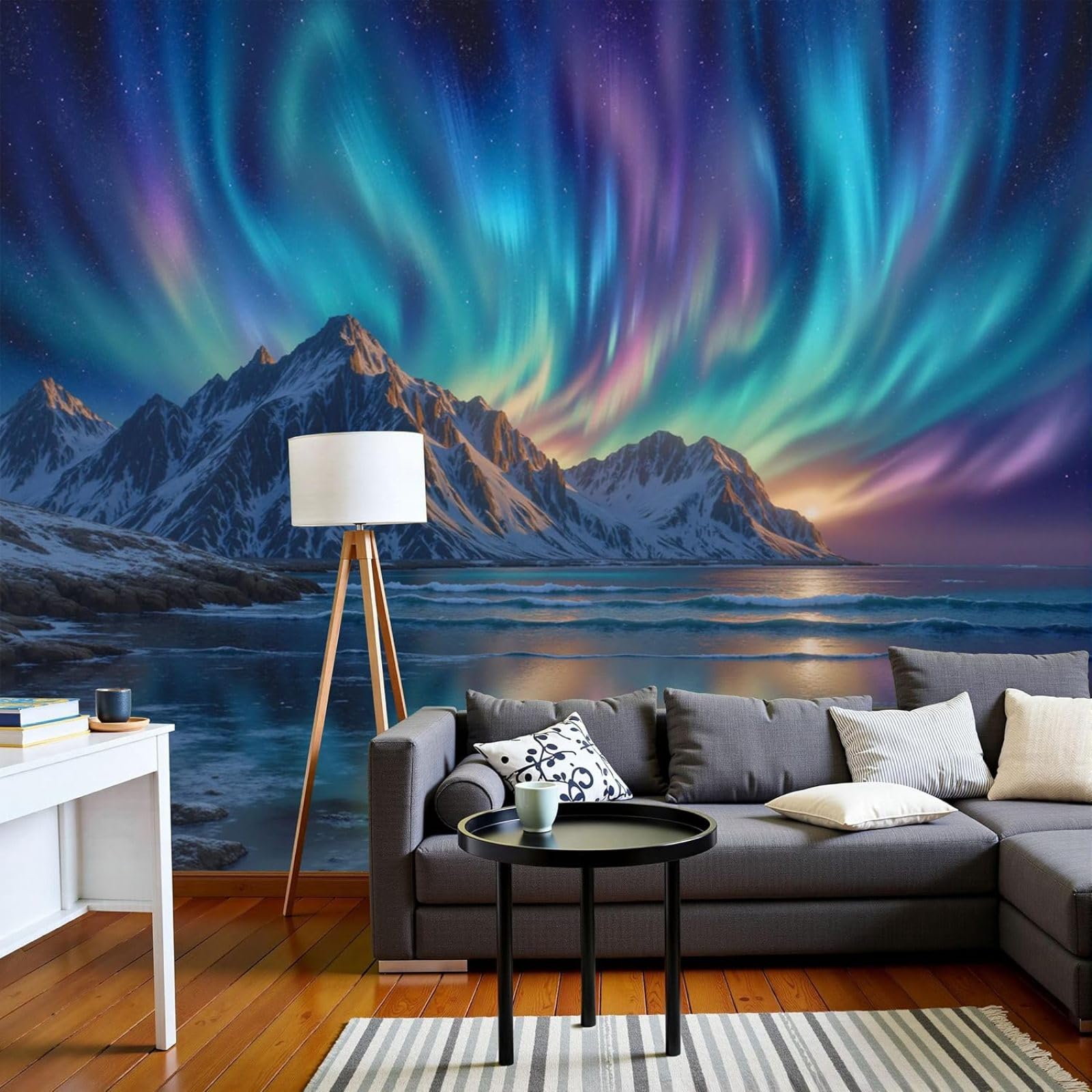 3D Effect Photo Wallpaper Nature Wonders Non-woven Poster Northern Lights Snow-Covered Mountains XL Non-woven Blue Wall Living Room Bedroom Picture Wallpaper, 430cm x 300cm Stickers - Frameless Painti