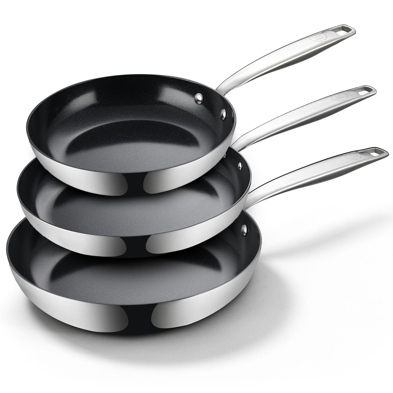 BE living Zestaw patelni ze stali nierdzewnej – Ø 20, 24 i 28 cm – ceramiczne – indukcyjne – bez PFAS, nieprzywierające – patelnia – seria Essential