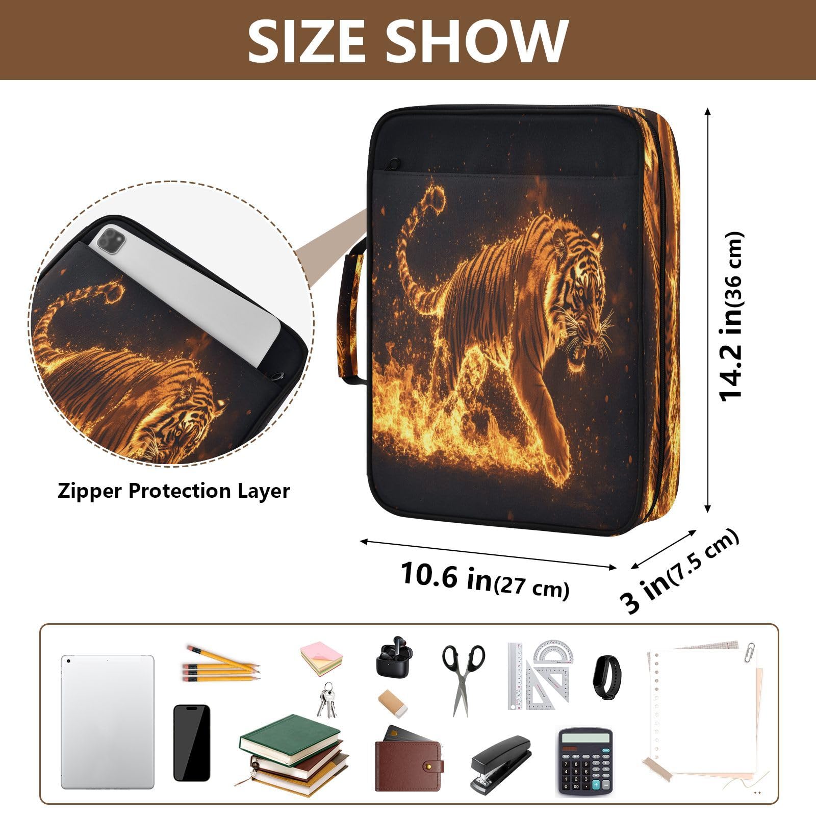 Fiery Tiger Flames - Raccoglitore espandibile a 3 anelli, con 7 tasche a fisarmonica, raccoglitore ad anelli per scuola, ufficio, viaggi