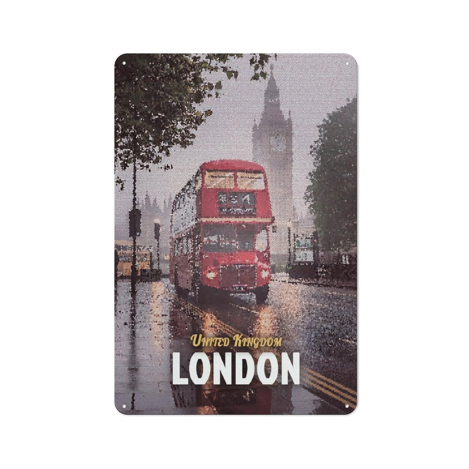 Classic London Mosaic Travel Metal Wall Plaque 30x20cm, Nostalgic Wall Art for Living Room, Hallway, Kitchen Or Cafe