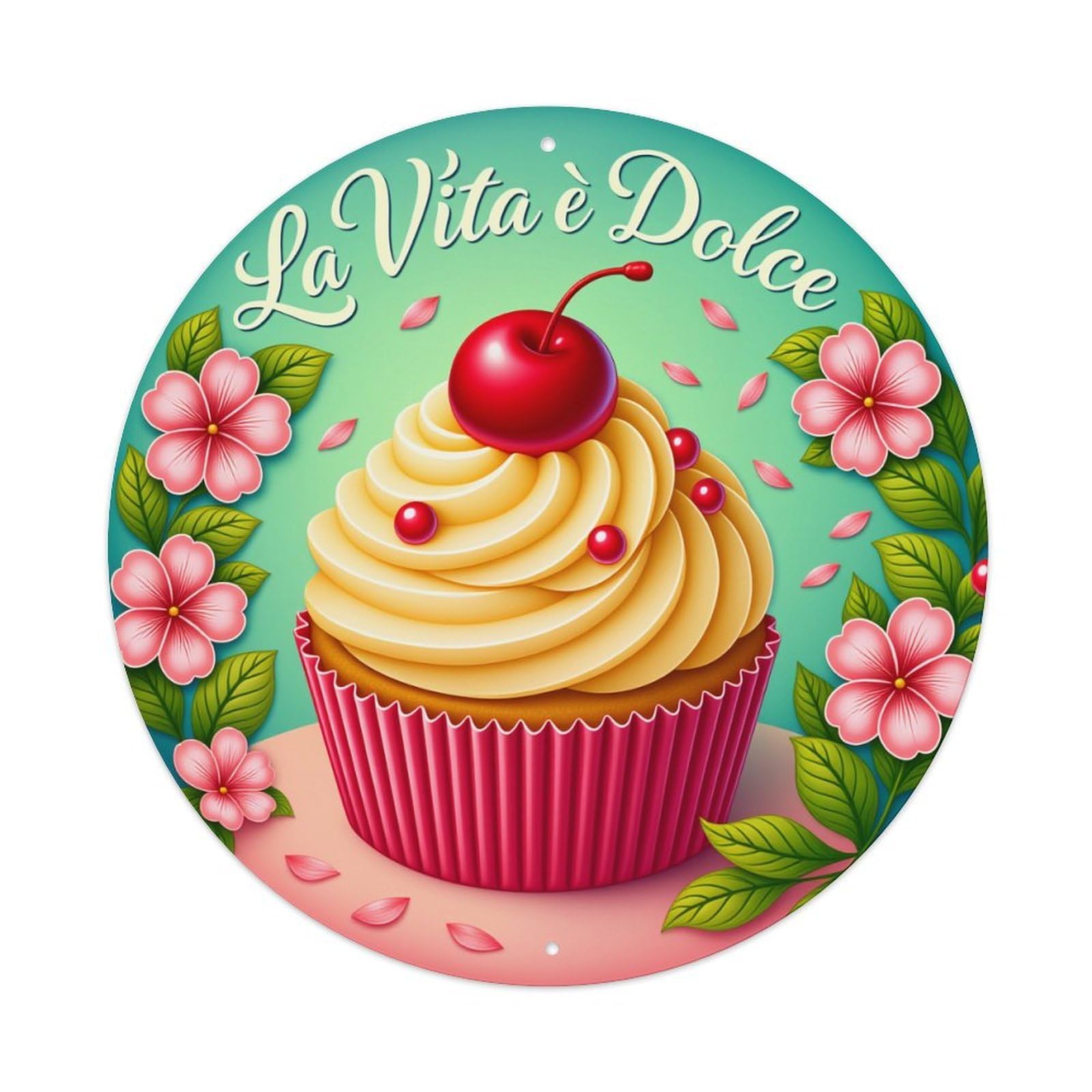 Cupcake Cherry Flowers Leaves Background Vintage Metal Tin Sign Retro Wall Decor for Home Bar Garage Cafe, Indoor & Outdoor Decorative，circle Metal Poster, 8x8 Inch