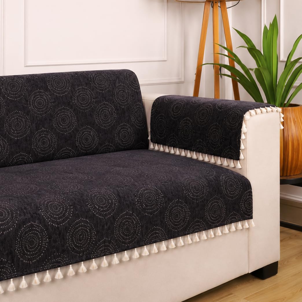 STITCHNEST Woven Fabric Sofa Cover 2 Seater with 2 Hand Rest Covers – Washable Black Sofa Cover with Tassels – Durable Premium Fabric – Stylish Sofa Protector for Living Room & Furniture Decor