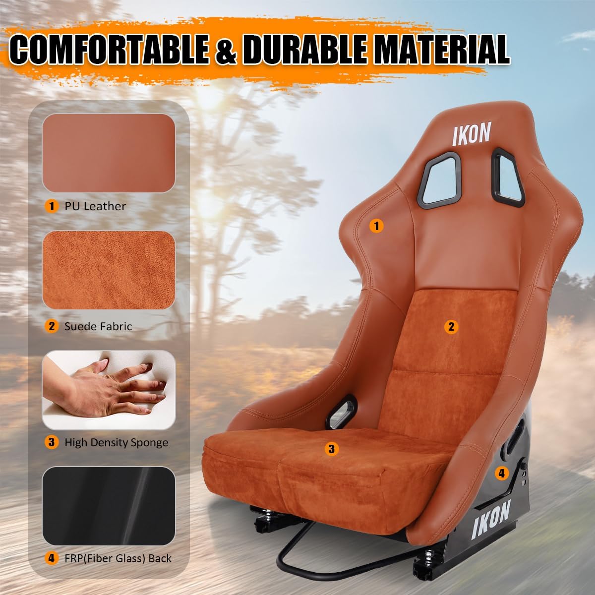Racing Bucket Seats, Universal Fixed Back Sport Shell Seats with Dual Slider & Side Mount Brackets, Suede & PU Leather, 1 Pair, Brown