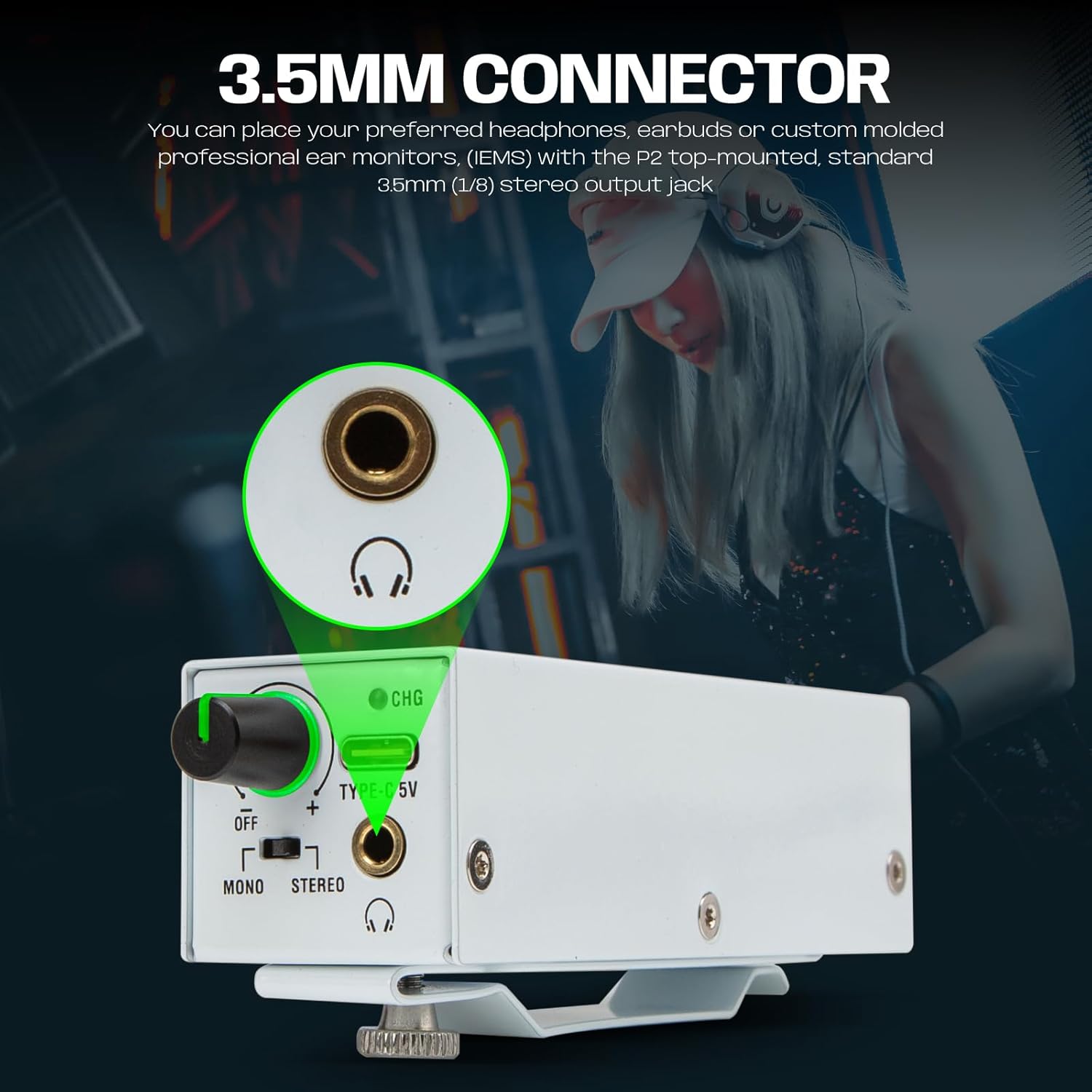 Bolanle P2 USB-C Portable in-Ear Monitor Amplifier, 5V DC/AAA Battery, XLR/TRS Input 3.5mm Output, 7-Color LED, Stereo/Mono Switch for Keyboardists, Drummers, Live Stage