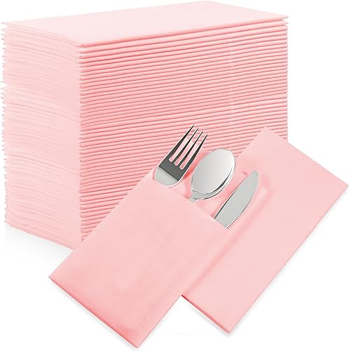 Servilletas desechables de color rosa, paquete de 50 servilletas de papel de tacto de lino con bolsillo integrado para cubiertos, tela preplegada