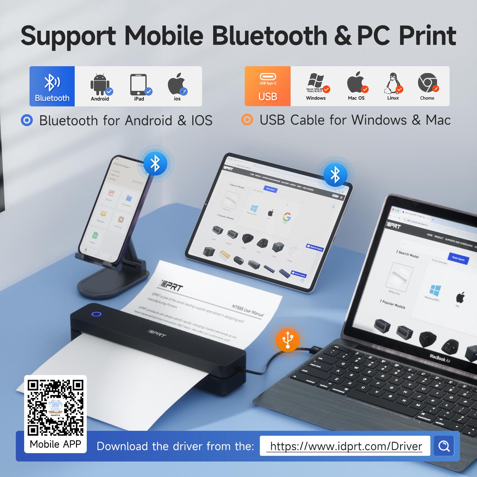 iDPRT MT610 Draagbare thermische printer, Bluetooth inktloze printer voor onderweg, mobiele printer voor voertuigen, kantoor, thuis, school, compatibel met iOS, Android, tablet en laptop, wit