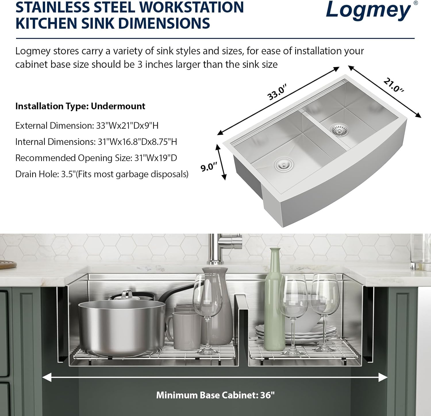 Logmey 33x21 Double Bowl Kitchen Sink 60/40 Farmhouse Sink 16 Gauge Stainless Steel Apron Front Farmer Kitchen Sinks Ledge Workstation Low Divide Double Basin Farm Sink 33x21x9