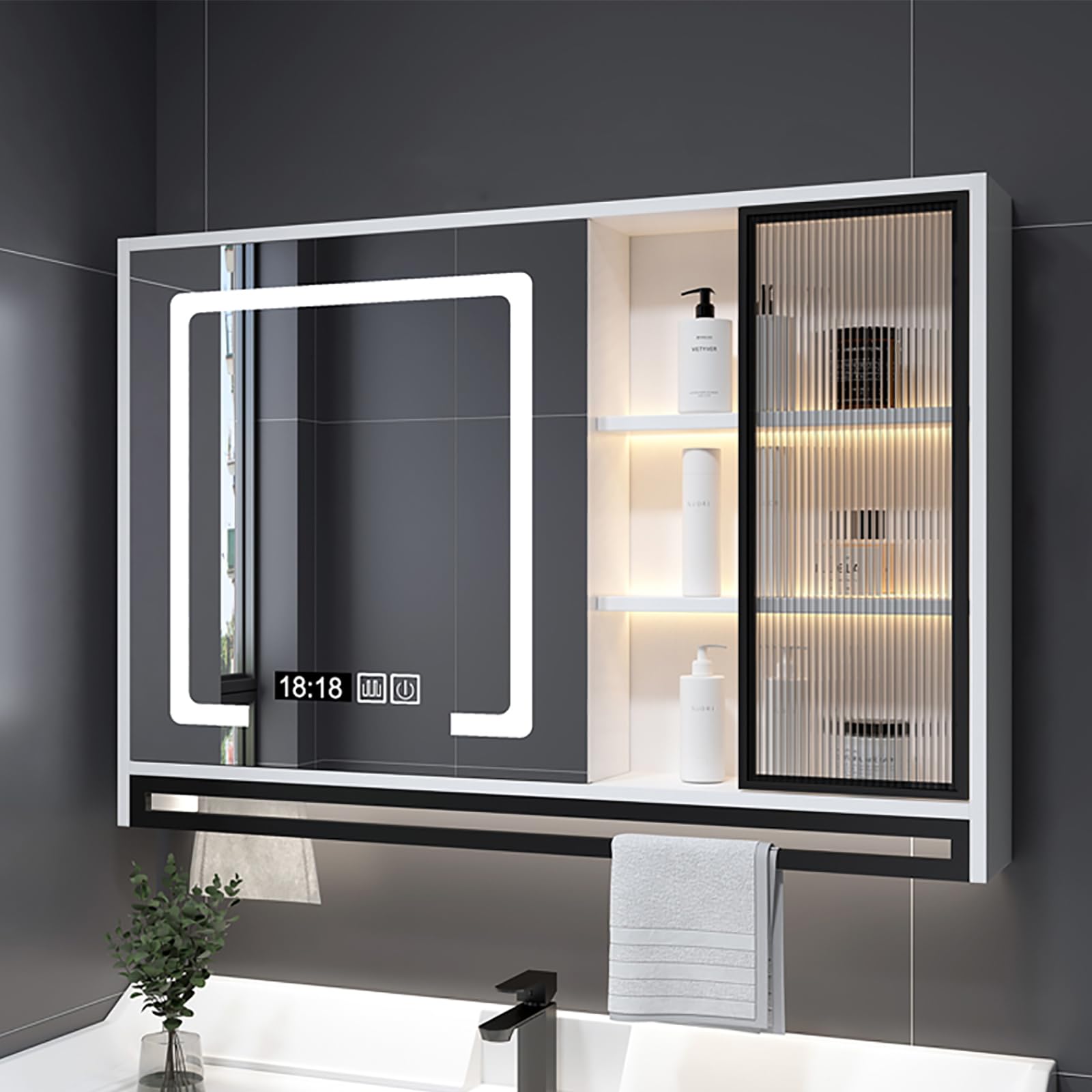 FGXHHS Anti-Fog LED Cabinet with Storage, Dimmable Vanity Mirror, Aluminum Medicine Cabinet, 80x75x12cm - Modern Design & Smart Lighting Solutions
