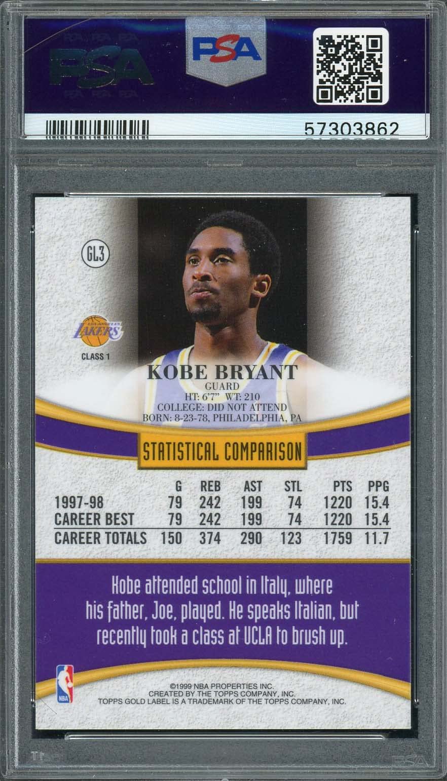 Amazon.com: Kobe Bryant 1998 Topps Gold Label Basketball Card #GL3