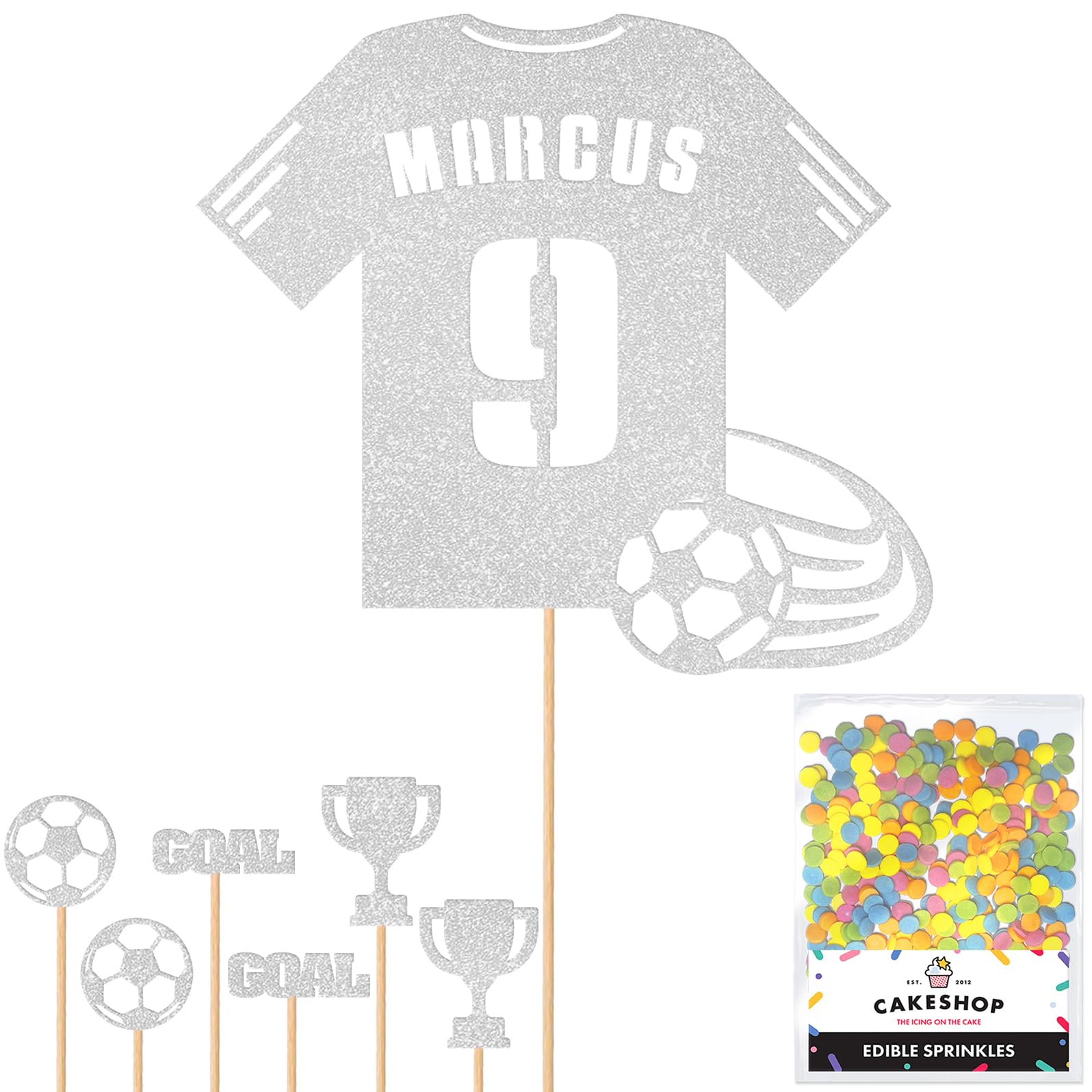 Personalised Birthday Football Kit Jersey Cake Topper- Silver Any Name & Age Number Glitter Cake Decoration and Sprinkles - Happy Birthday Decorations - Personalised Toppers for Cakes by Cakeshop โ image 1
