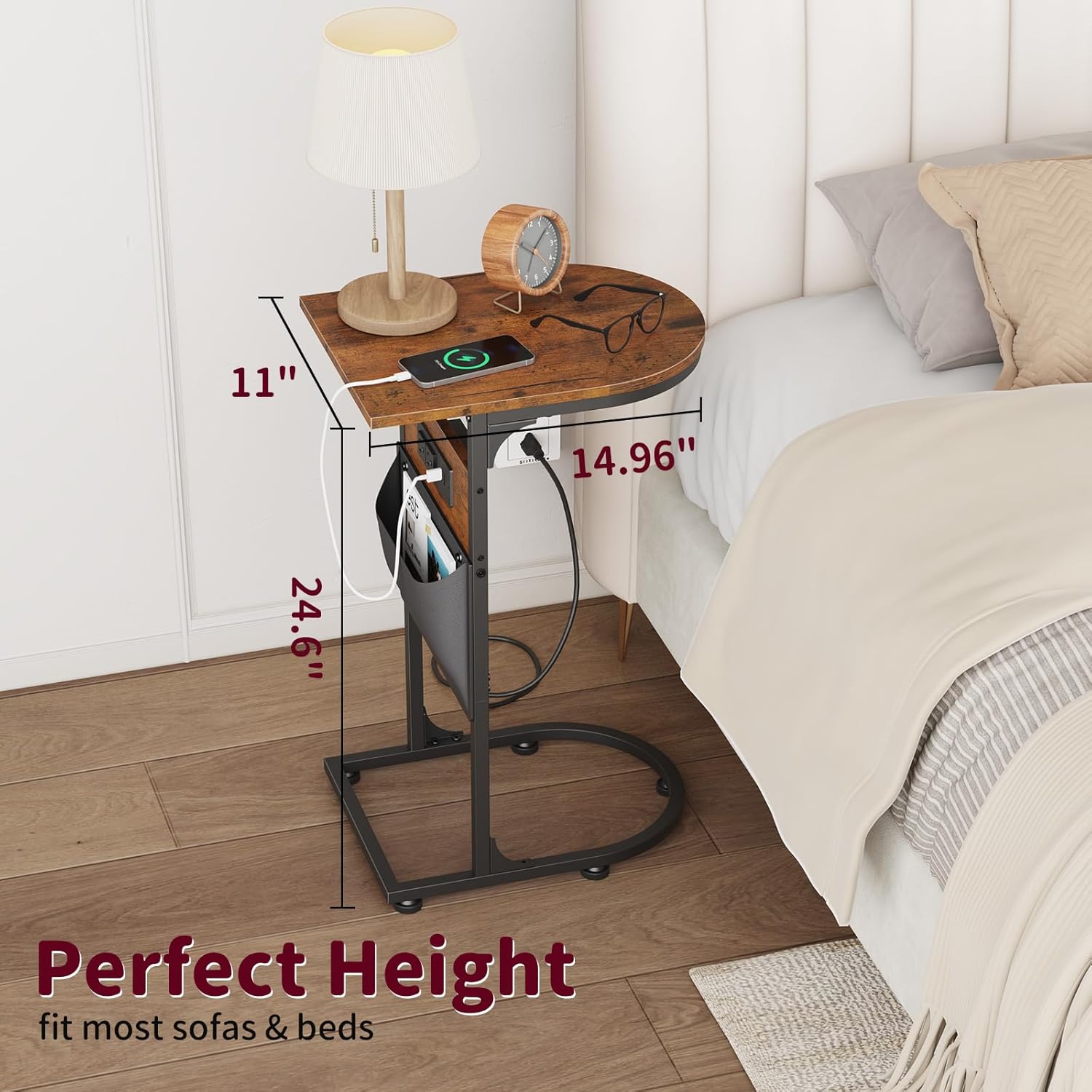 C Shaped End Table with Charging Station, Small Side Table for Couch, C Table for Sofa with Outlet Storage Bag, TV Tray Tables For Recliner Living Room Bedside Bedroom Small Spaces Rustic Brown