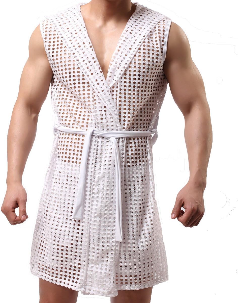 YUFEIDA Men's Sexy Hooded Sleeveless Robes Bathrobes Mesh See-Through Lingerie Sleepwear Pajamas