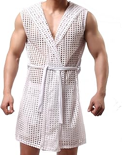 Men's Sexy Hooded Sleeveless Robes Bathrobes Mesh See-Through Lingerie Sleepwear Pajamas