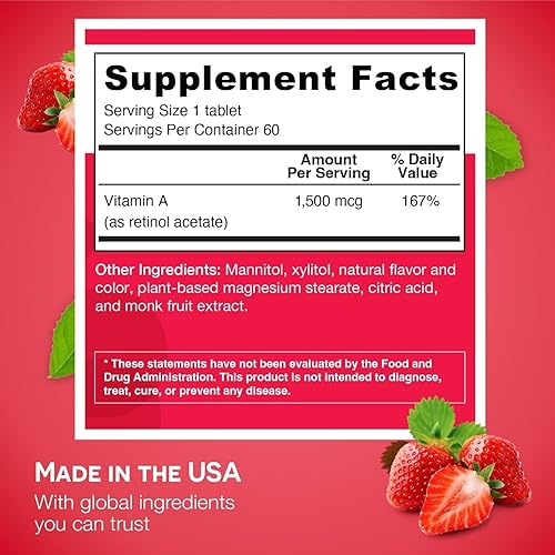 Miniatura 2 de EZ Melts A as Retinol, 5.000 UI, apoyo inmunológico, vitaminas sublinguales, vegano, cero azúcar, sabor a fresa natural, 60 tabletas de disolución