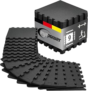 EYEPOWER Losetas Protección Suelo Fitness 30x30 cm Negro - 9 Alfombra Home Gym - Suelo Gimnasio Antigolpes - Protección para Cinta de Correr Bicicleta Elíptica Crosstrainer