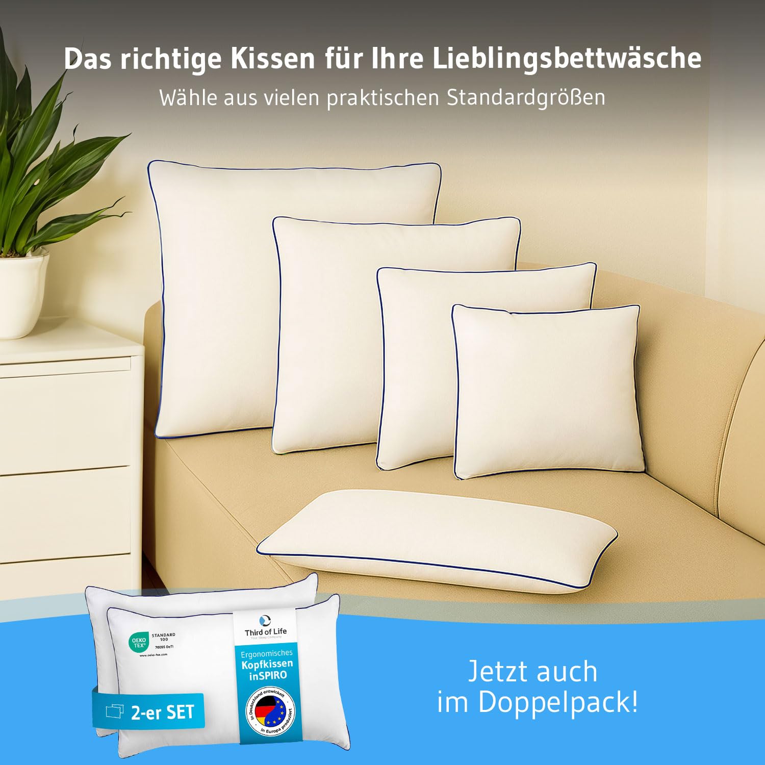 Kopfkissen 80x80 inSPIRO Ergonomisches Nackenstützkissen für Seiten- Rücken- Bauchschläfer Made in EU