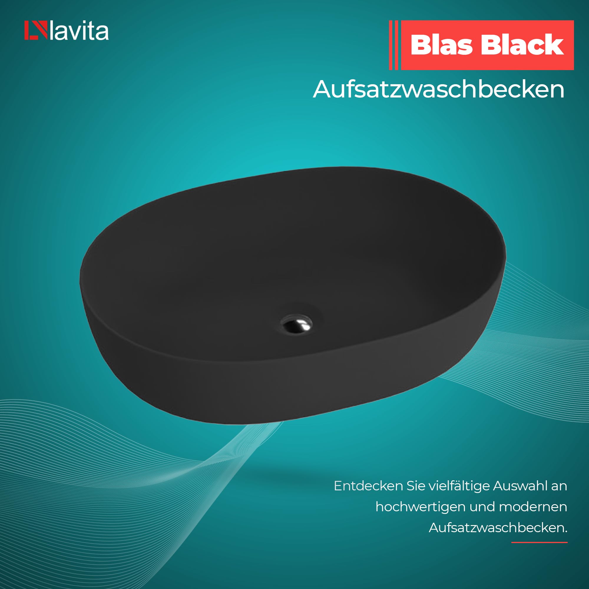 LAVITA Blas Black - Lavabo da appoggio ovale senza troppopieno e foro per rubinetto, in porcellana di alta qualità, moderno lavabo in ceramica, 59,5 x 43 x 13,5 cm, nero opaco