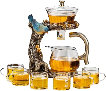 Glass Teapot Set Animal Bird Design Semi-automatic Drip Rotating Bowl with Infuser Lazy Kungfu Tea Pot Set teapot set
