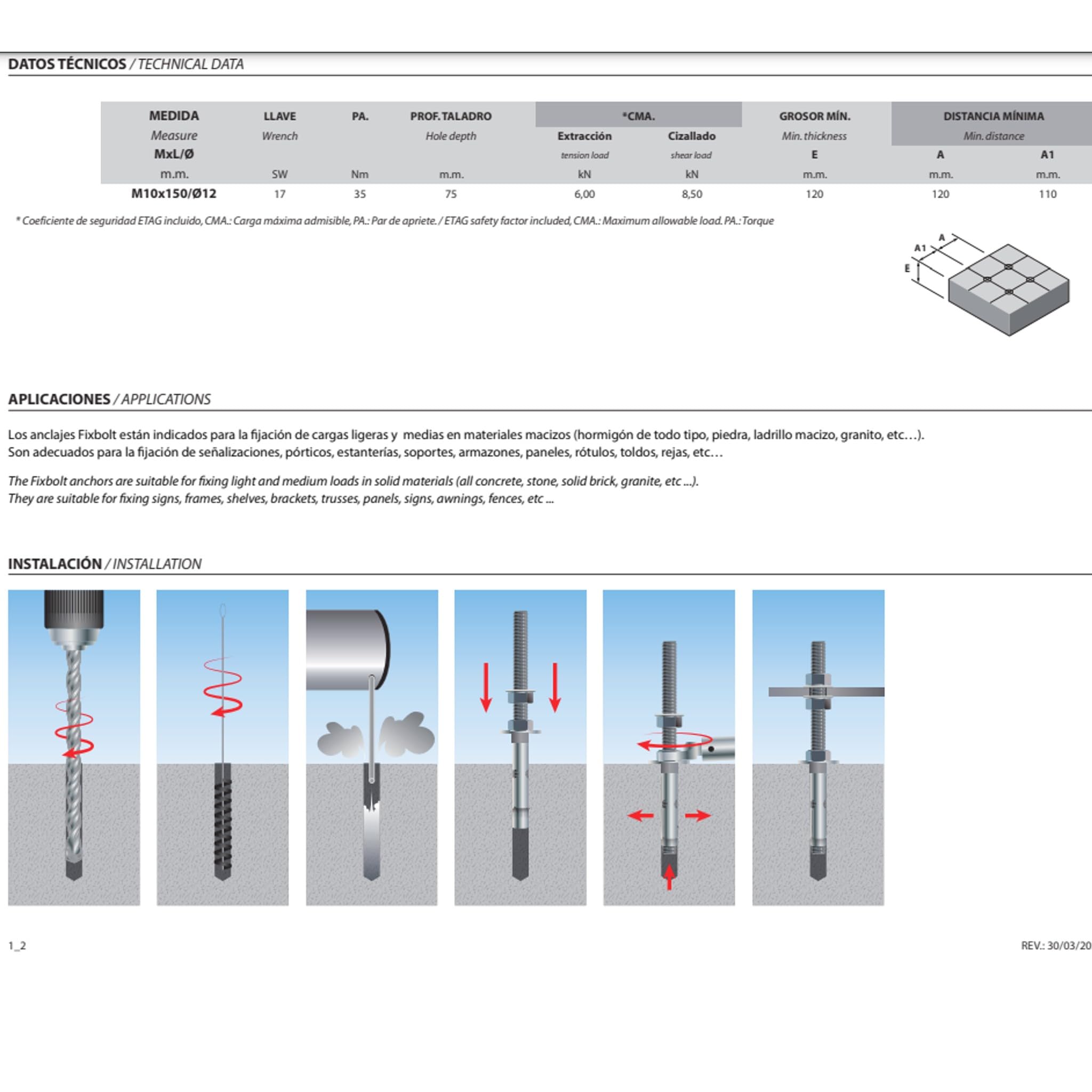 Bricoloco Anclaje hormigón inoxidable A2 con tuercas de sujección premontadas para la fijación de sistemas fotovoltaicos sobre hormigón. Taco metálico para fijar placas solares (25, M10x150 mm.)