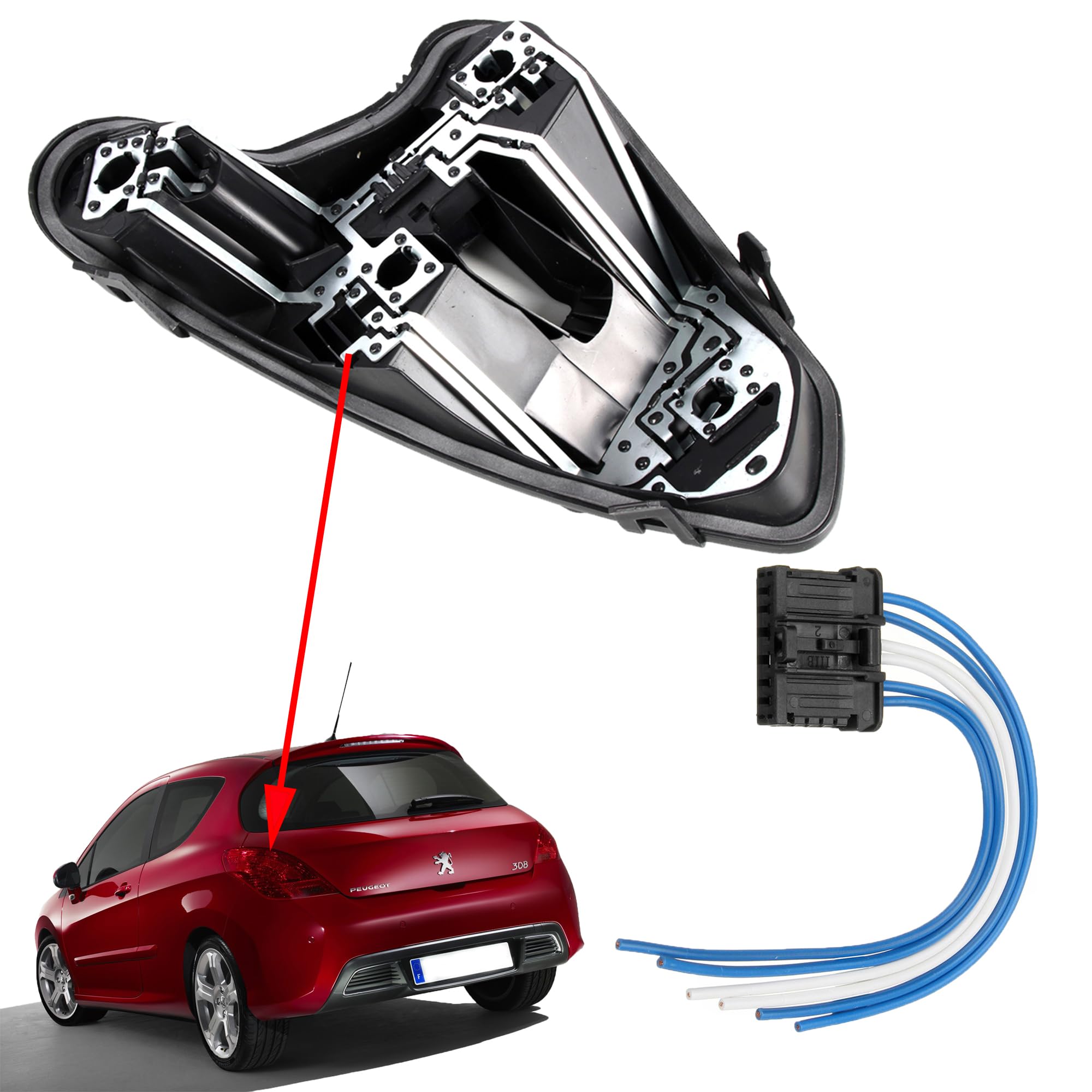Partsline Platine Porte Ampoule de Feu Arrière Gauche Côté Conducteur AVEC Faisceau Électrique compatible pour 308 de 2007 à 2015-1606959280 1606248780