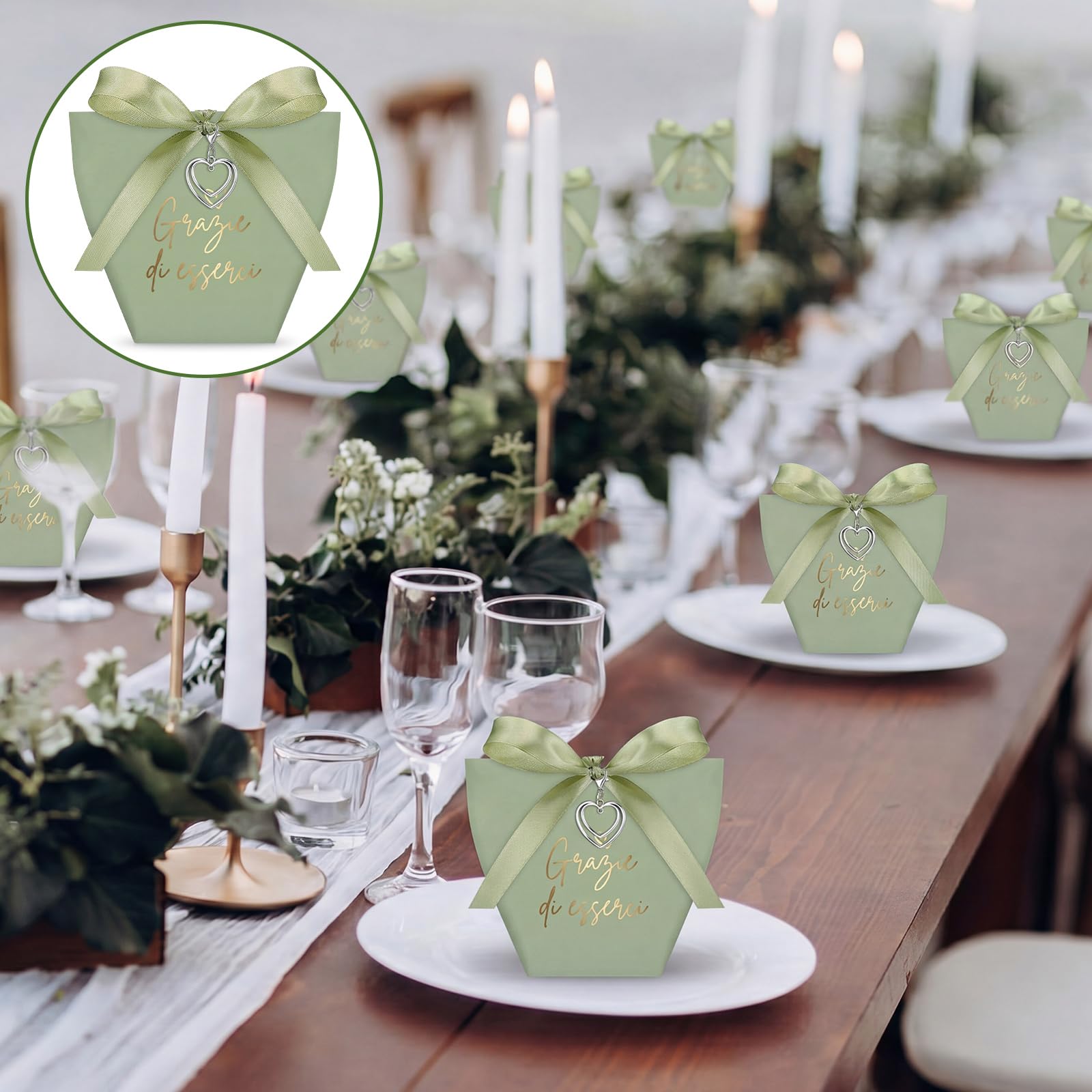50 Set Scatoline Portaconfetti Matrimonio Bomboniere Comunione con Nastro Ciondolo Cuore Sacchetti Confetti Scatoline Regalo Battesimo Cresima Fidanzamento Nozze Compleanno Grazie(Verde Salvia)