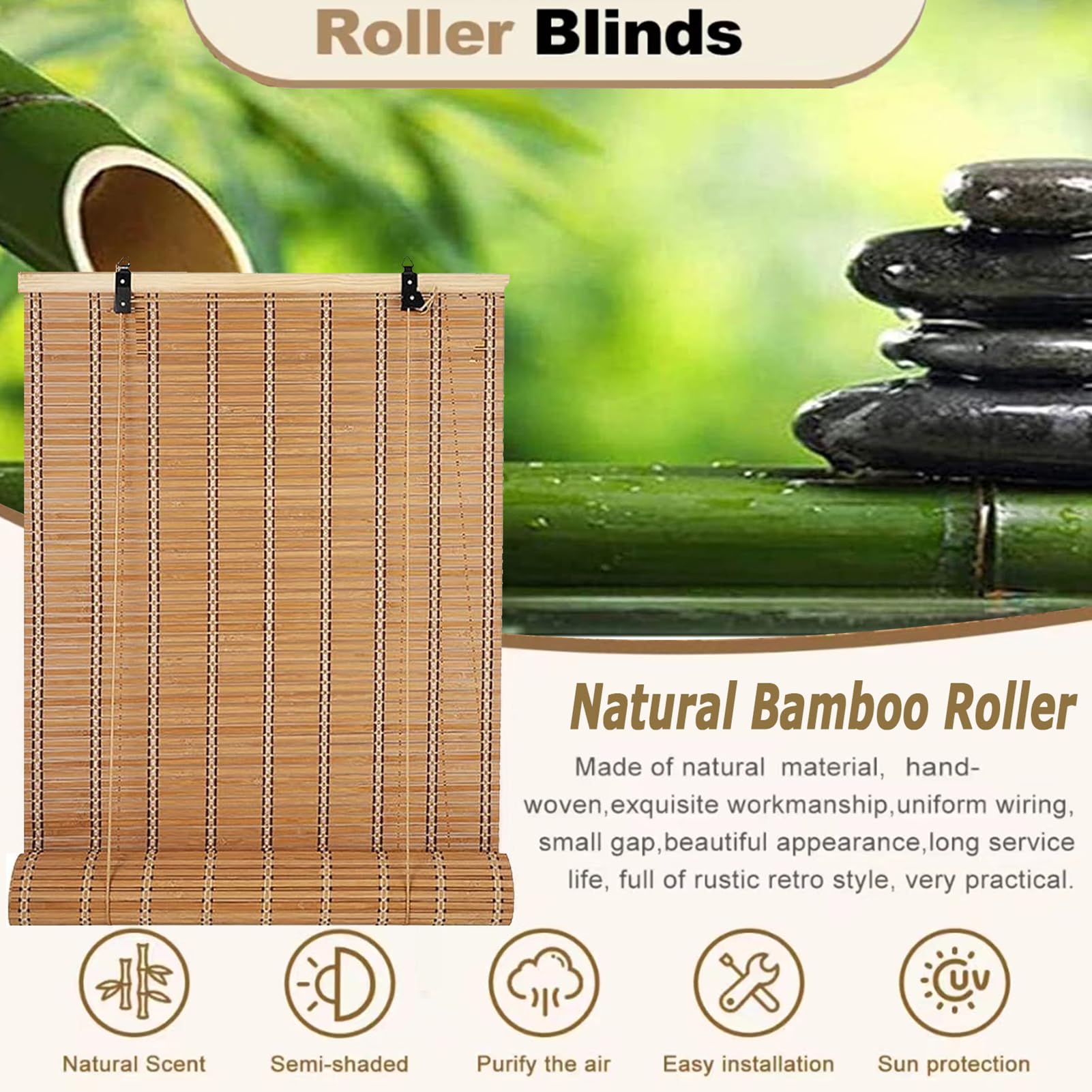Roleta bambusowa w stylu retro, karbonizowana, na patio, zwijana, 70% zaciemnienia, ręcznie tkana bambusowa roleta okienna, roleta przeciwsłoneczna z akcesoriami, wykonana na miarę