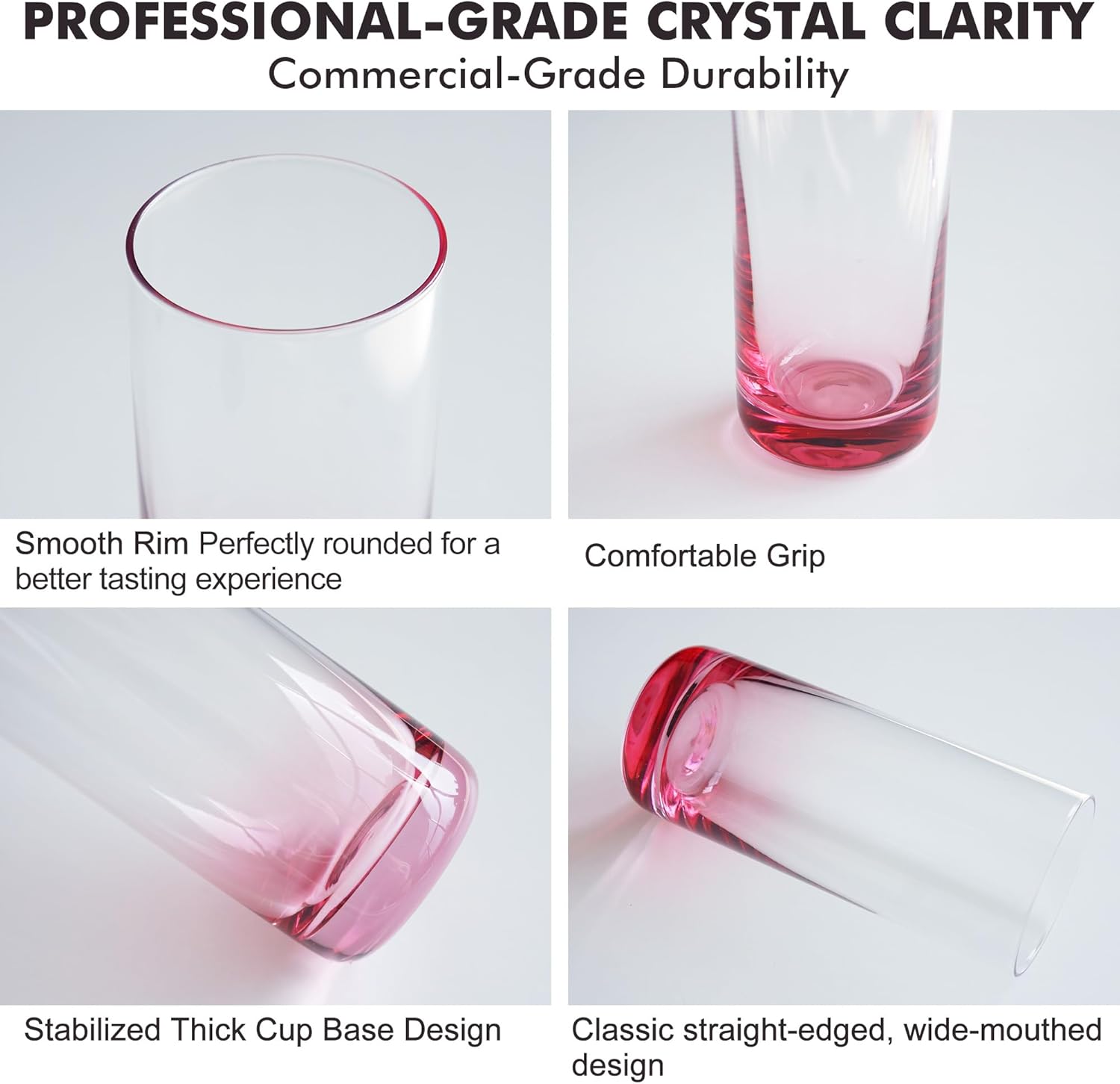Pink Highball Glasses Set of 6,13oz Pink Drinking Glass Cups for Mixed Drink Cocktail, Beer, Mojito, Water and Juice,Thick Tall Crystal Glassware for Kitchen, Restaurant, Home Bar and Parties