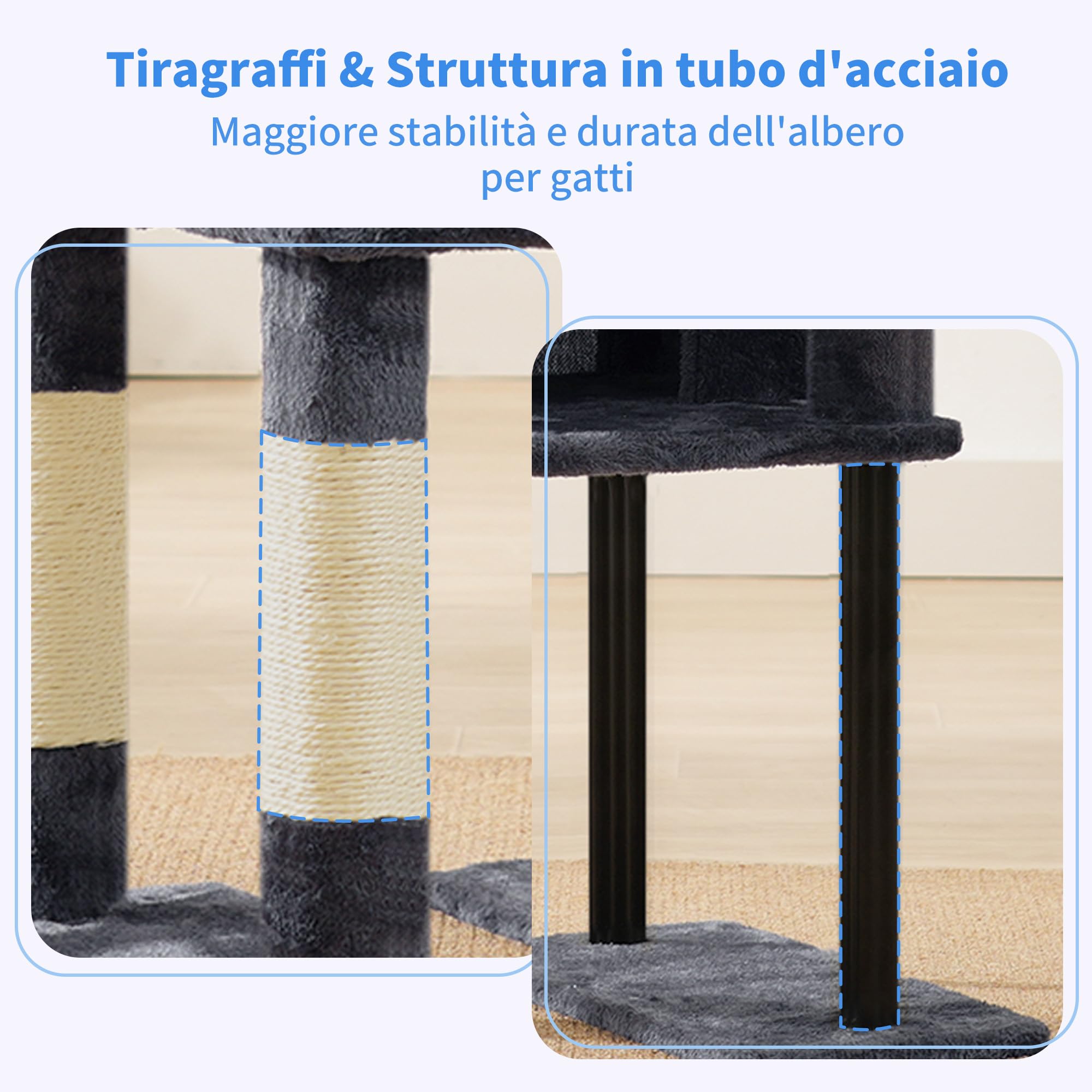 Heybly Albero Tiragraffi Per Gatti Alto 125 cm, Torre Per Gatti Spaziosa E Confortevole Con Tana, Due Ampie Piattaforme, Tiragraffi In Sisal, Cestino, Robusti Tubi In Acciaio, Grigio Fumo HCT200SG-
