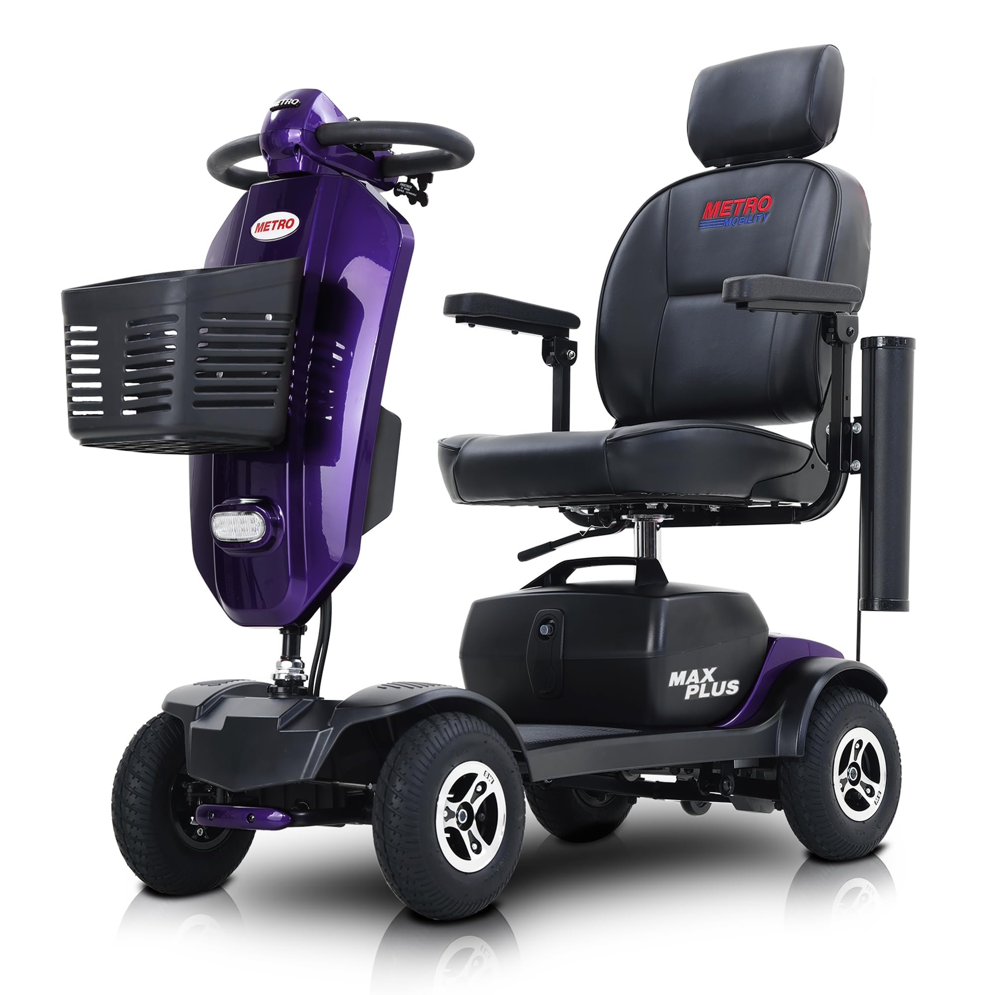 4 Wheeler for Adults, Mobility Scooters for Adults, Seniors. Purple, Folding, Detachable, with Windshield and Front LED Light, Rear Brake Light, with USB Charger Port and Cup Holder, Captain Seat