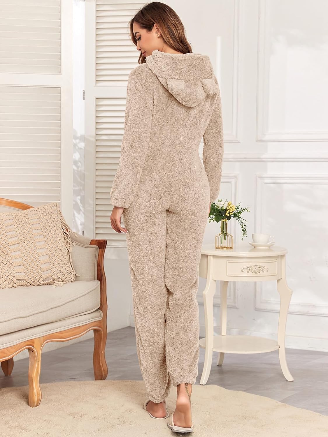 HOTIAN Fleece Onesie Pajamas for Women Fuzzy Sherpa Hooded Romper One Piece Winter Sleepwear Flannel Pajama Jumpsuit - Image 3