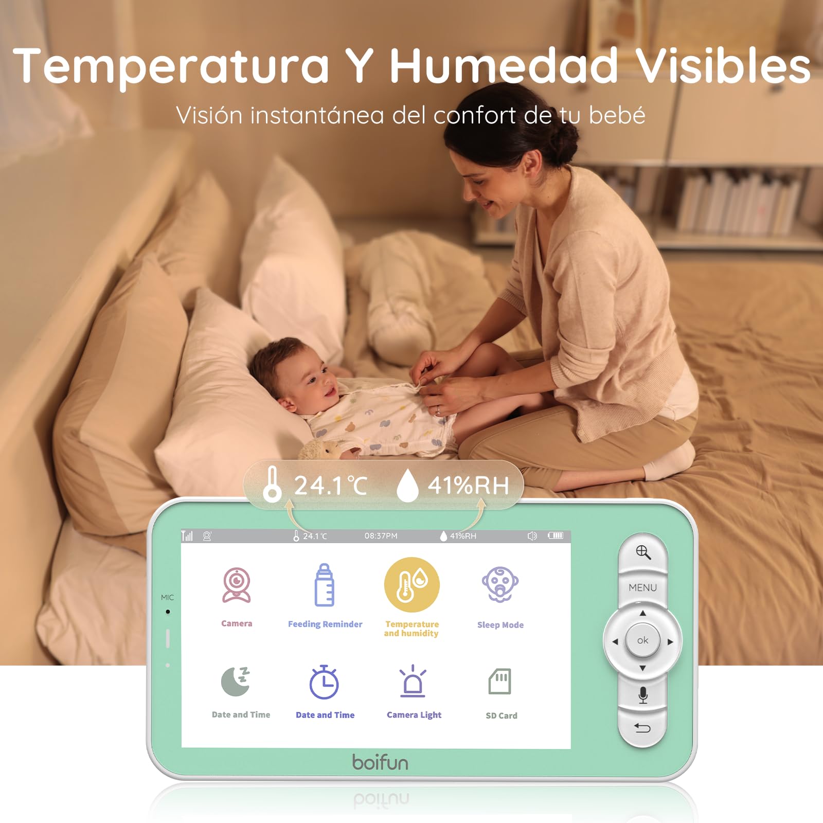 BOIFUN 2K Camara Vigilancia Bebe, Luz Nocturna Infantil, Teléfono Móvil y Monitor 5", Monitoreo de Movimiento, Seguimiento Automático 360°, Alarma de Área Personalizada, Zoom 4X, Material ABS Seguro