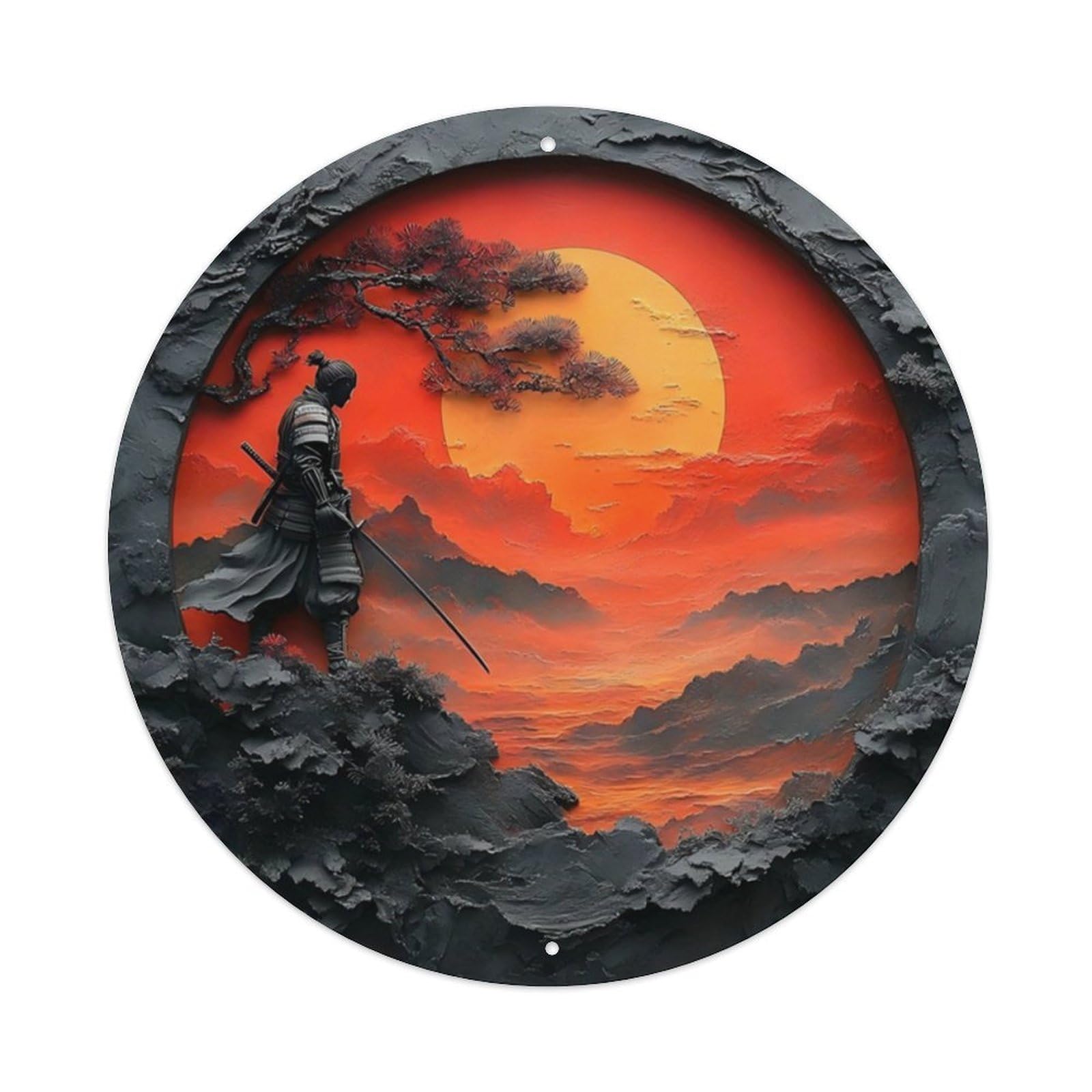 Japanese Samurai Sunset Pine Tree 3D Relief Round Wall Decor Sign Vintage Aluminium Metal Sign, Retro Wall Decor for Home, Bar, Garage & Farmhouse 20x20cm
