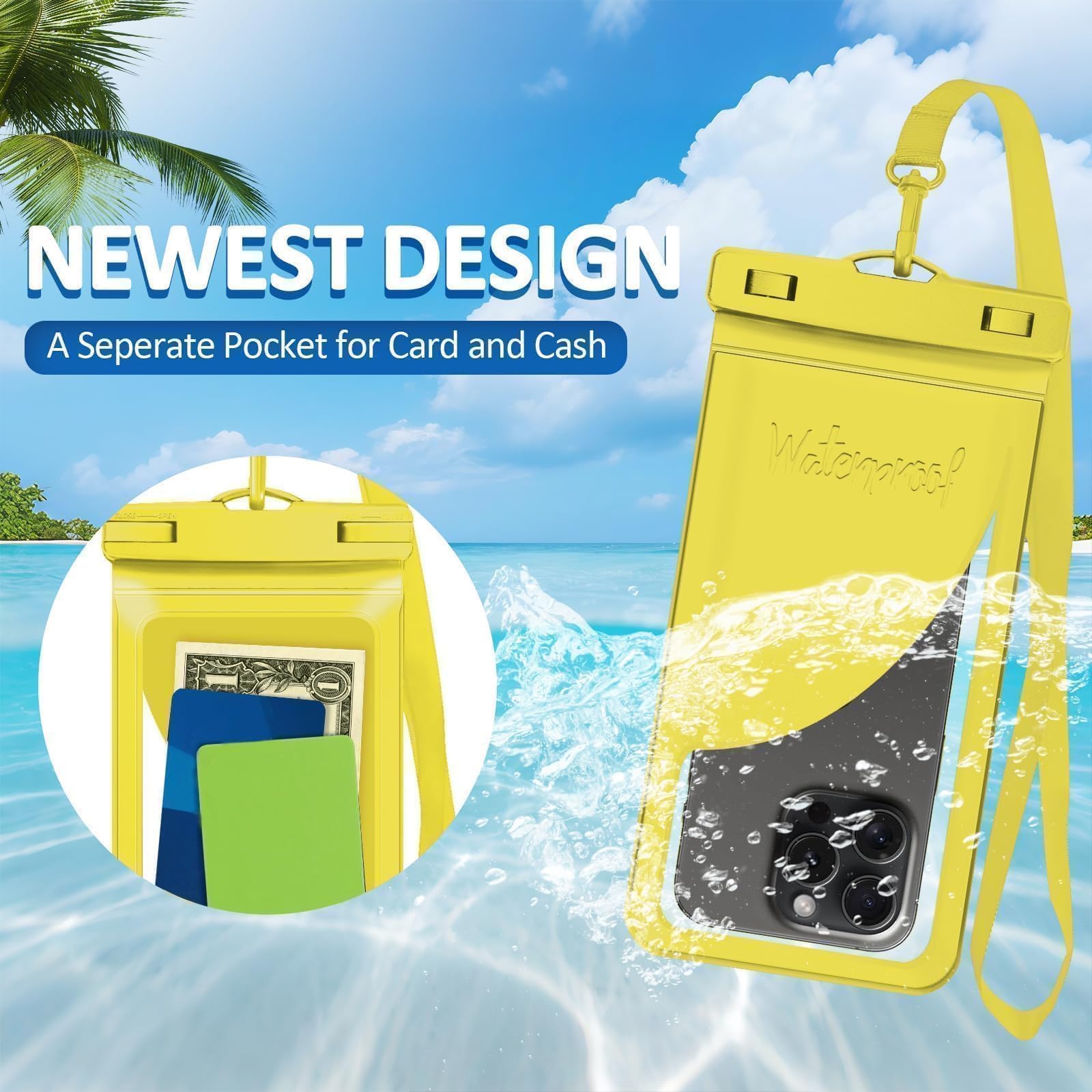 Funda universal impermeable para teléfono, con tarjeta interior, certificada y ligera, impermeable, accesorios para iPhone 17, 16, 15, 14, 13 Pro Max, 1 paquete, amarillo, 8.3 pulgadas
