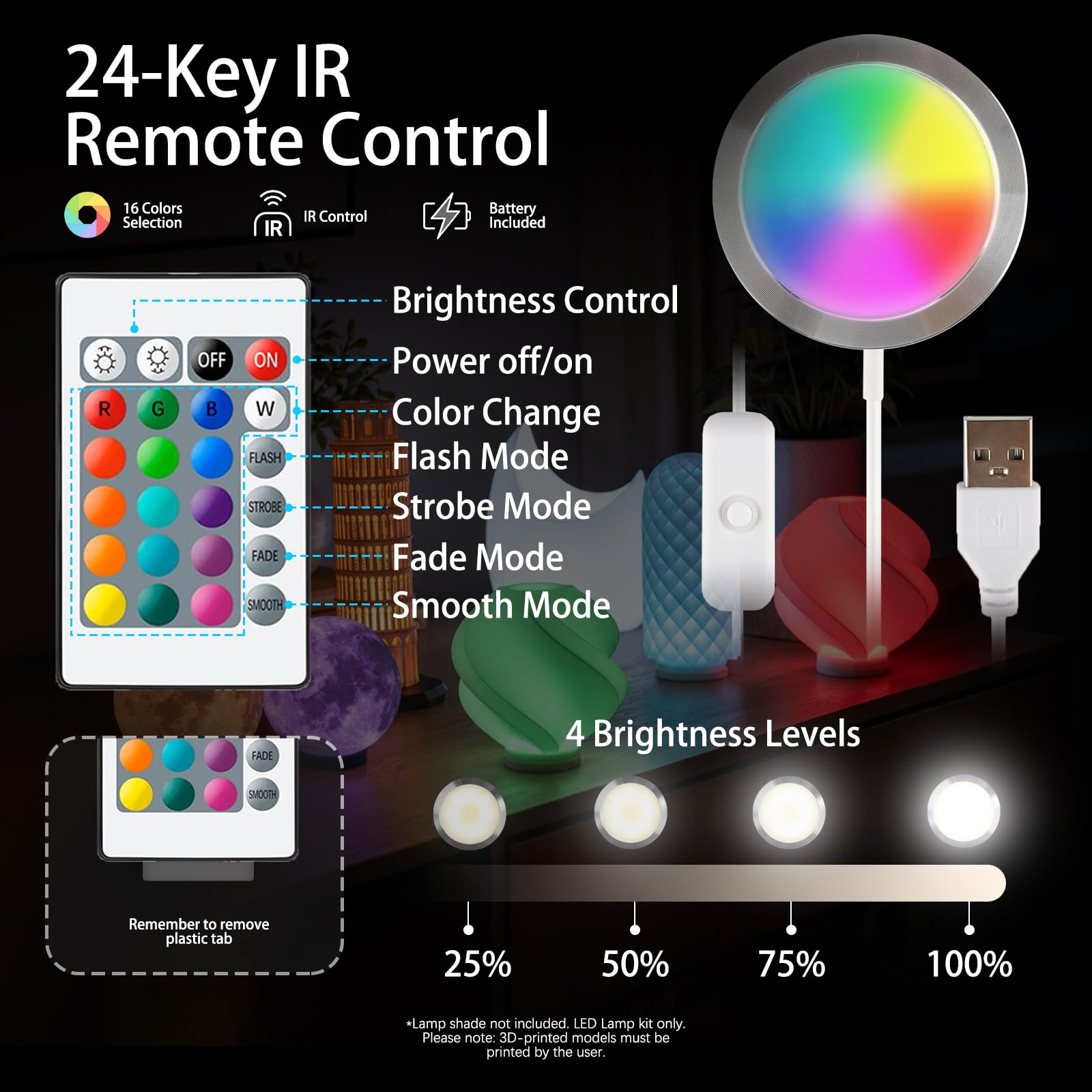12x Kit de Lámpara LED RGB 001 para Bambu-Lab A1 mini/A1/P1S/P2S/X1C/X1E/X2D y Makerworld para impresiones 3D, memoria de color, mando a distancia, repuestos DIY para modelos de hardware