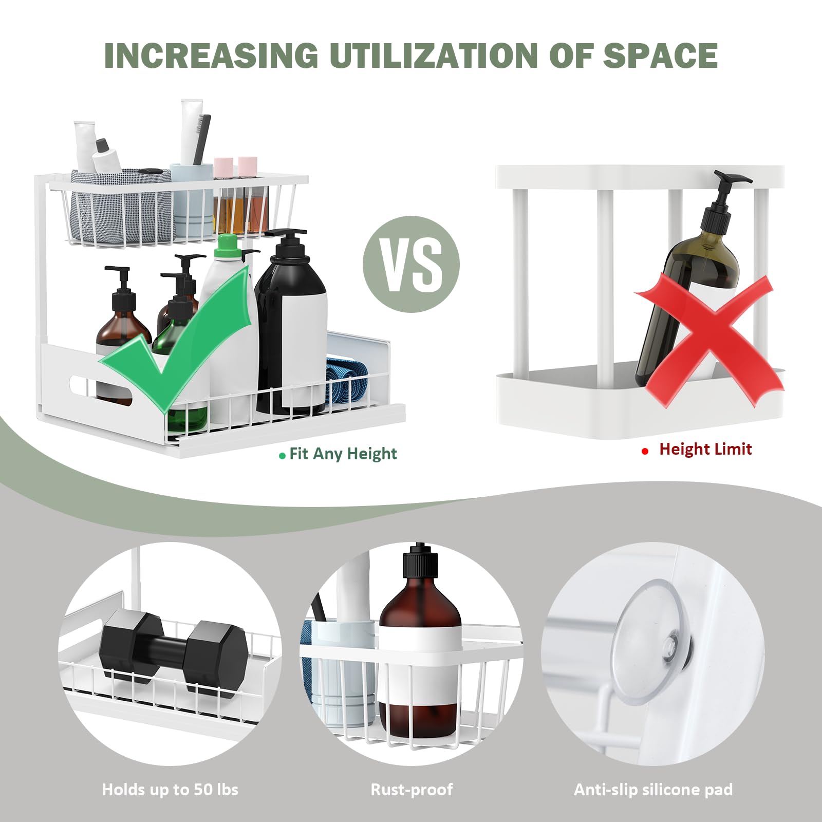Aoresac Organizador Cocina 2 Paquete Deslizantes 2 Niveles para Debajo del Fregadero, Extraíble Estante Almacenamiento, Forma de L (Blanco)