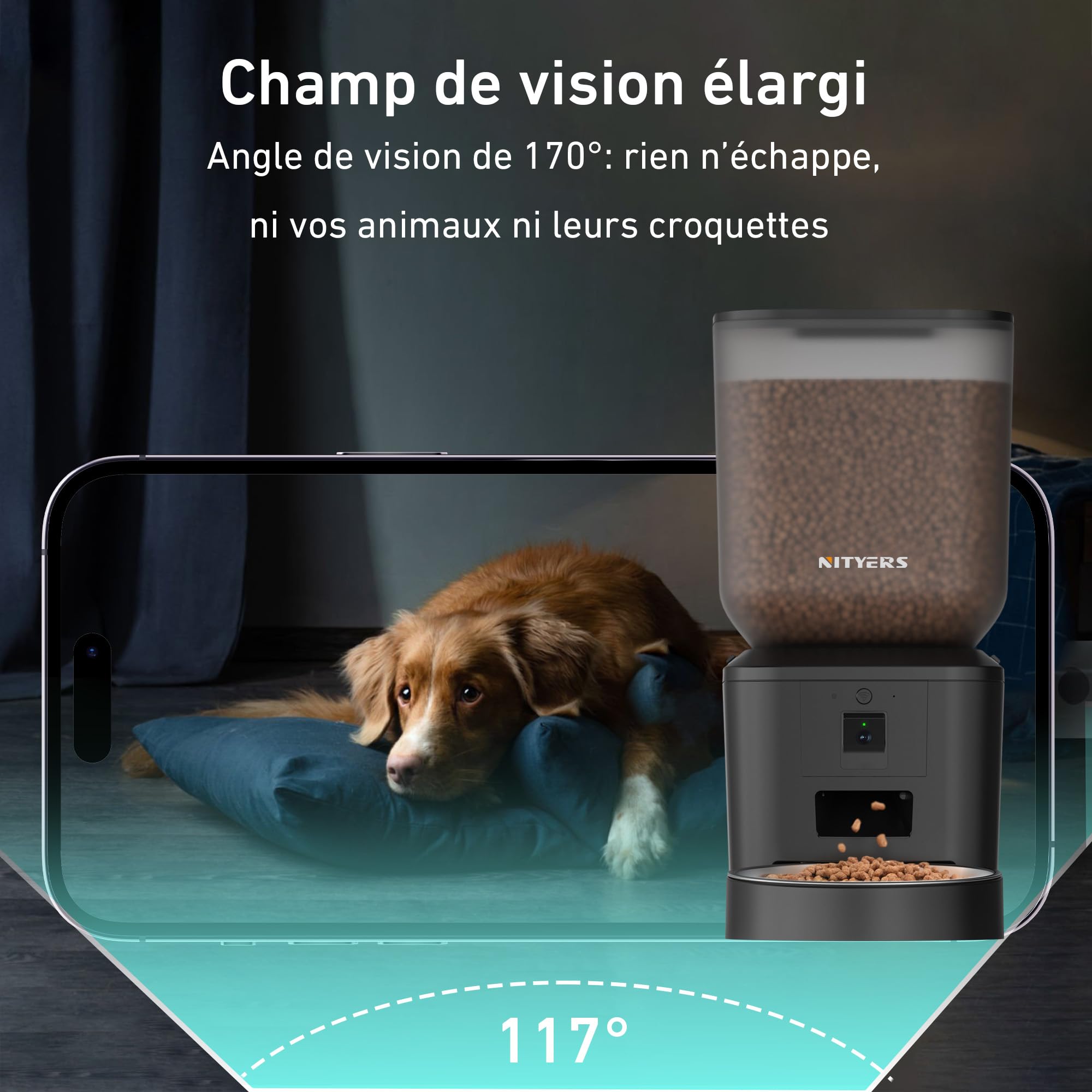 Nityers Distributeur Croquettes Chat Automatique avec Caméra, 5GHz WiFi, Vision Nocturne, Contrôle APP, Angle Caméra Réglable, Bol INOX Grand pour Chats Et Chiens