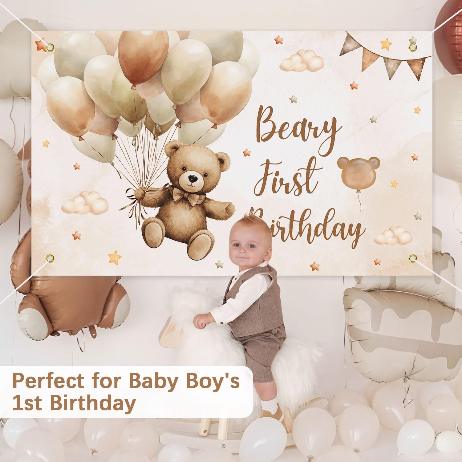 Beary First Birthday Decorations Backdrop, 1st Teddy Bear Party Birthday Decorations Banner for Boy, 3Ft x 5Ft
