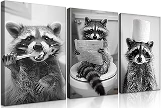 3Pcs Adorable Raccoon Bathroom Wall Art Black and White Animal Posters P...